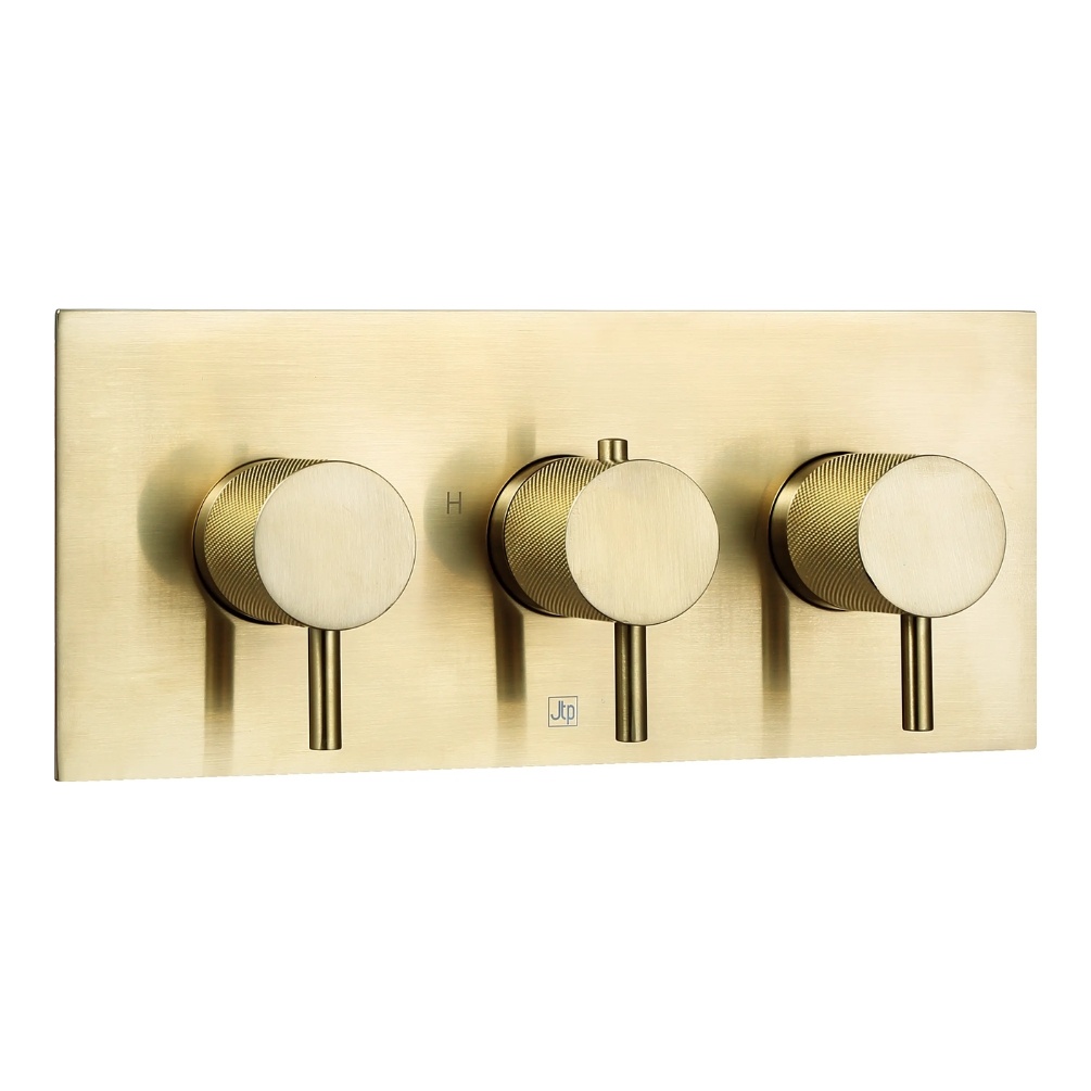 Product Cut out image of the JTP Vos Brushed Brass Triple Outlet Landscape Shower Valve with Designer Knurled Handles